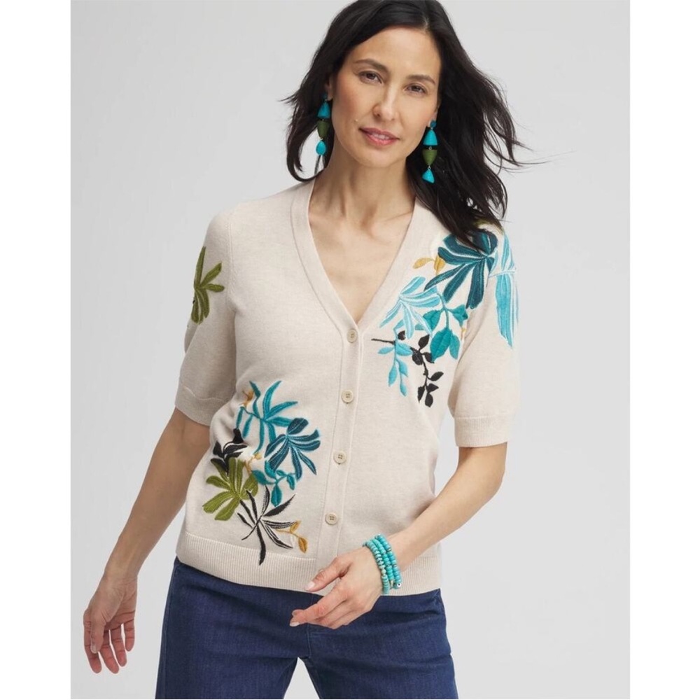 Chicos Embroidered Palms Button Front Cardigan Sweater Size 3 / XL